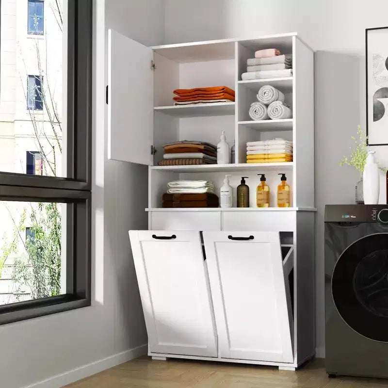 63 White Freestanding Laundry Cabinet-Particle Board+MDF, Tilt-Out Hamper, Adjustable Shelves & Multiple Storage