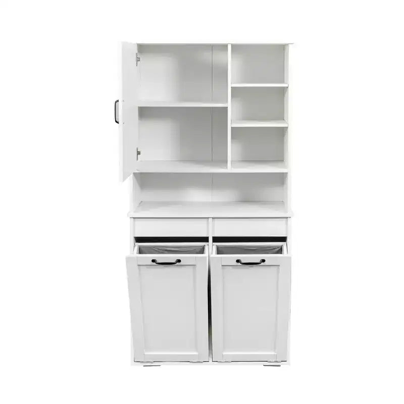 63 White Freestanding Laundry Cabinet-Particle Board+MDF, Tilt-Out Hamper, Adjustable Shelves & Multiple Storage