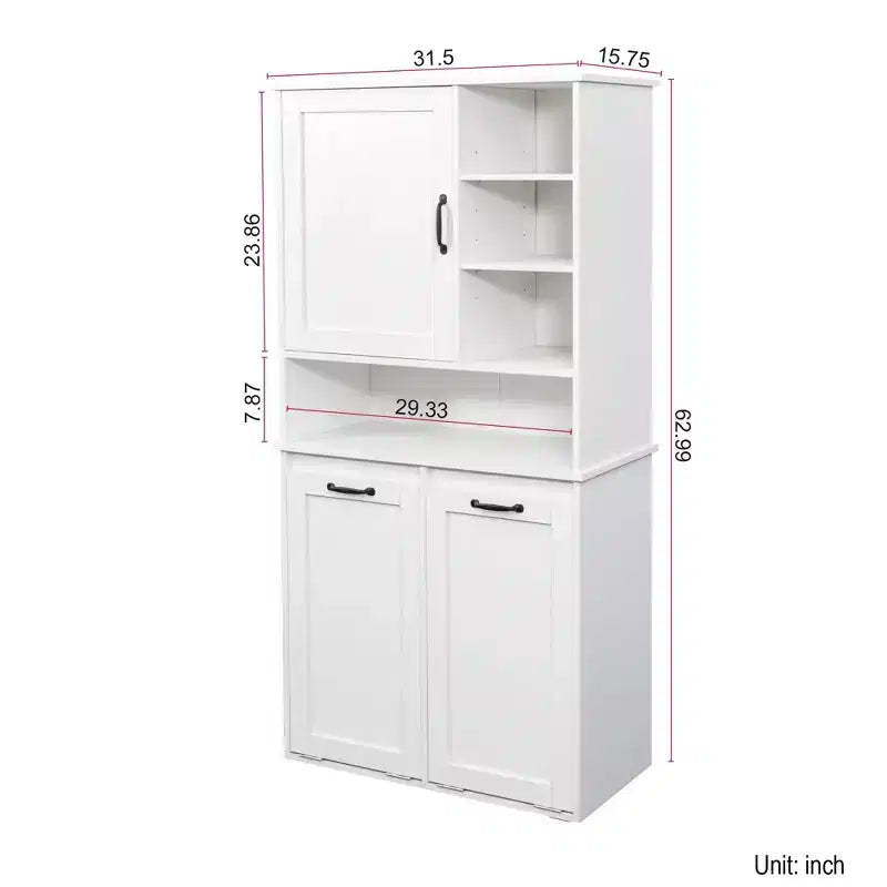 63 White Freestanding Laundry Cabinet-Particle Board+MDF, Tilt-Out Hamper, Adjustable Shelves & Multiple Storage