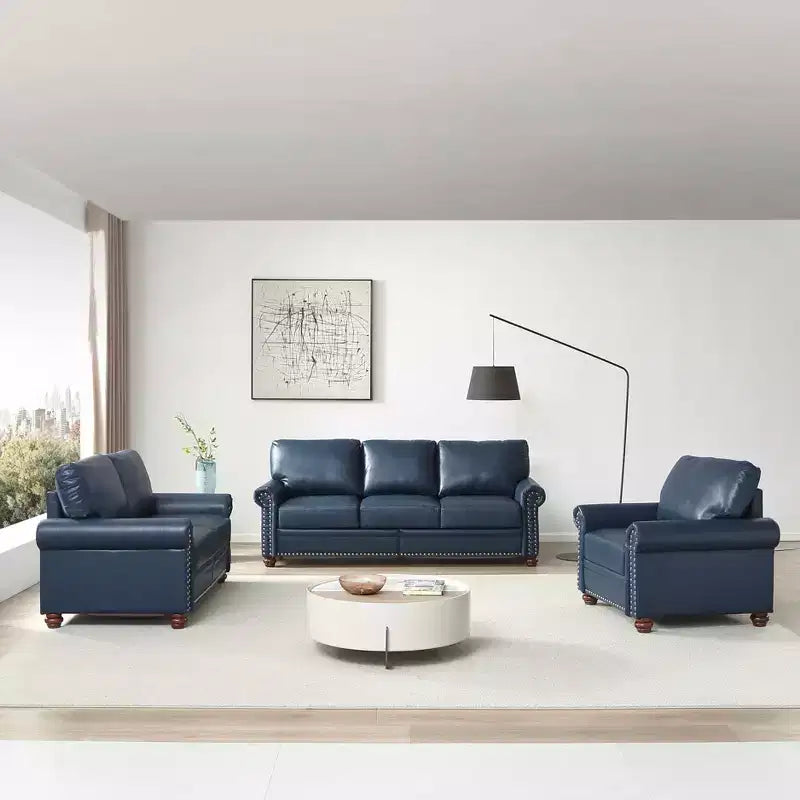  3 Pieces Sectional Faux Leather Sofa with Storage Silver Nails for Living Room Navy Blue