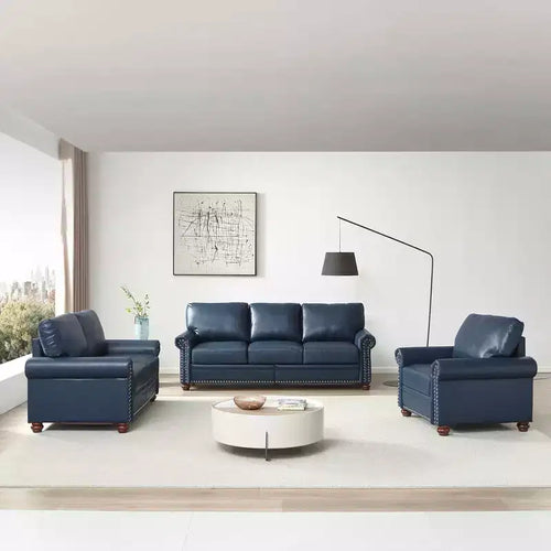  3 Pieces Sectional Faux Leather Sofa with Storage Silver Nails for Living Room Navy Blue