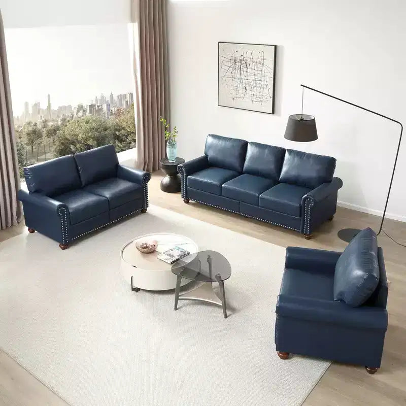 3 Pieces Sectional Faux Leather Sofa with Storage Silver Nails for Living Room Navy Blue