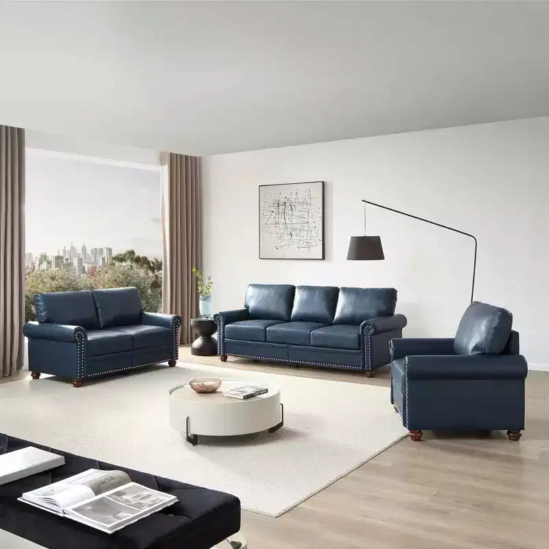 3 Pieces Sectional Faux Leather Sofa with Storage Silver Nails for Living Room Navy Blue