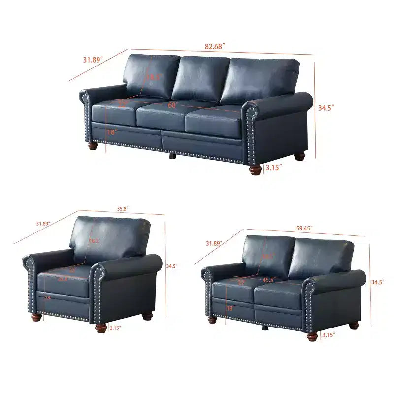3 Pieces Sectional Faux Leather Sofa with Storage Silver Nails for Living Room Navy Blue