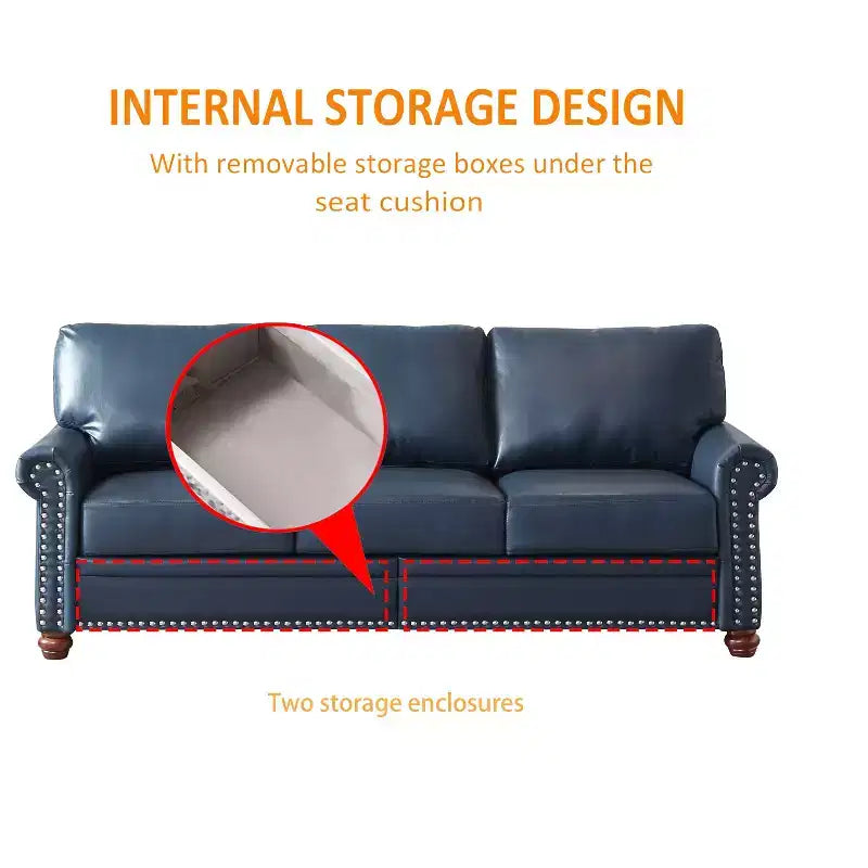 3 Pieces Sectional Faux Leather Sofa with Storage Silver Nails for Living Room Navy Blue
