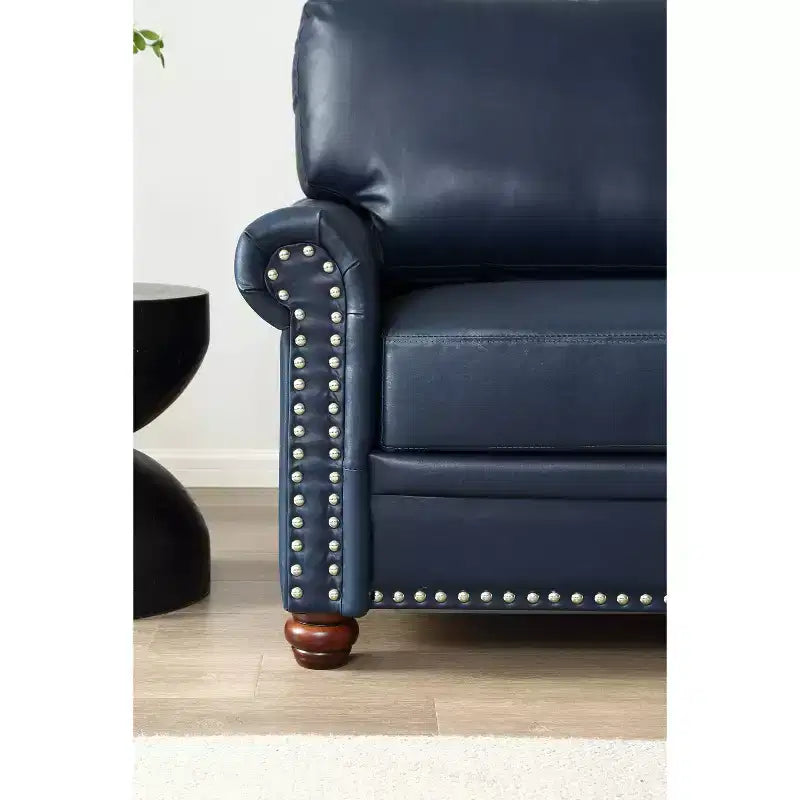 3 Pieces Sectional Faux Leather Sofa with Storage Silver Nails for Living Room Navy Blue