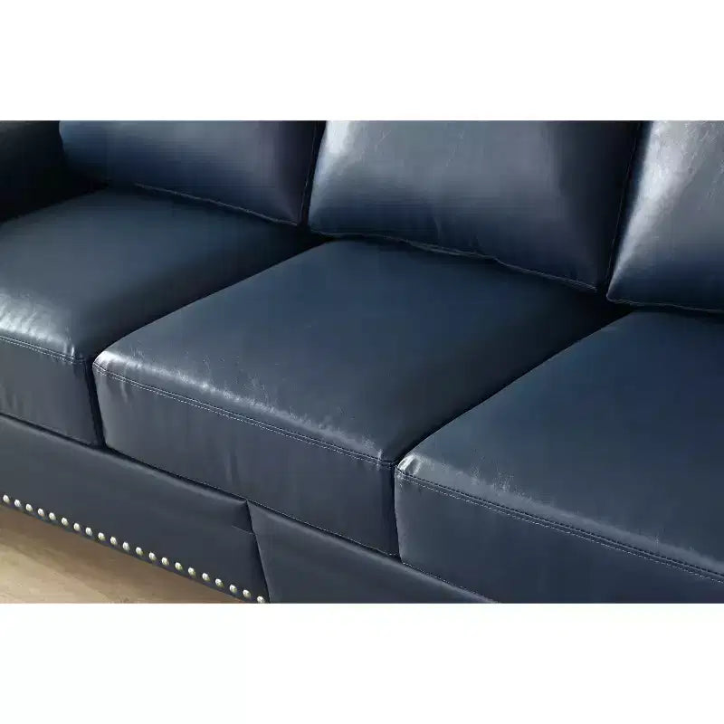 3 Pieces Sectional Faux Leather Sofa with Storage Silver Nails for Living Room Navy Blue