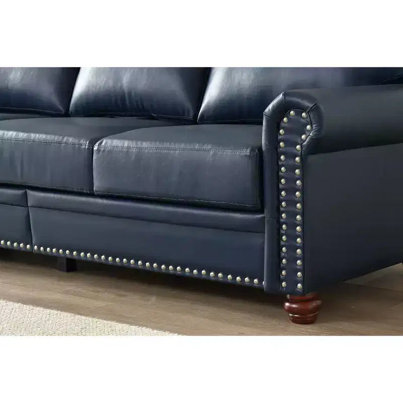 3 Pieces Sectional Faux Leather Sofa with Storage Silver Nails for Living Room Navy Blue