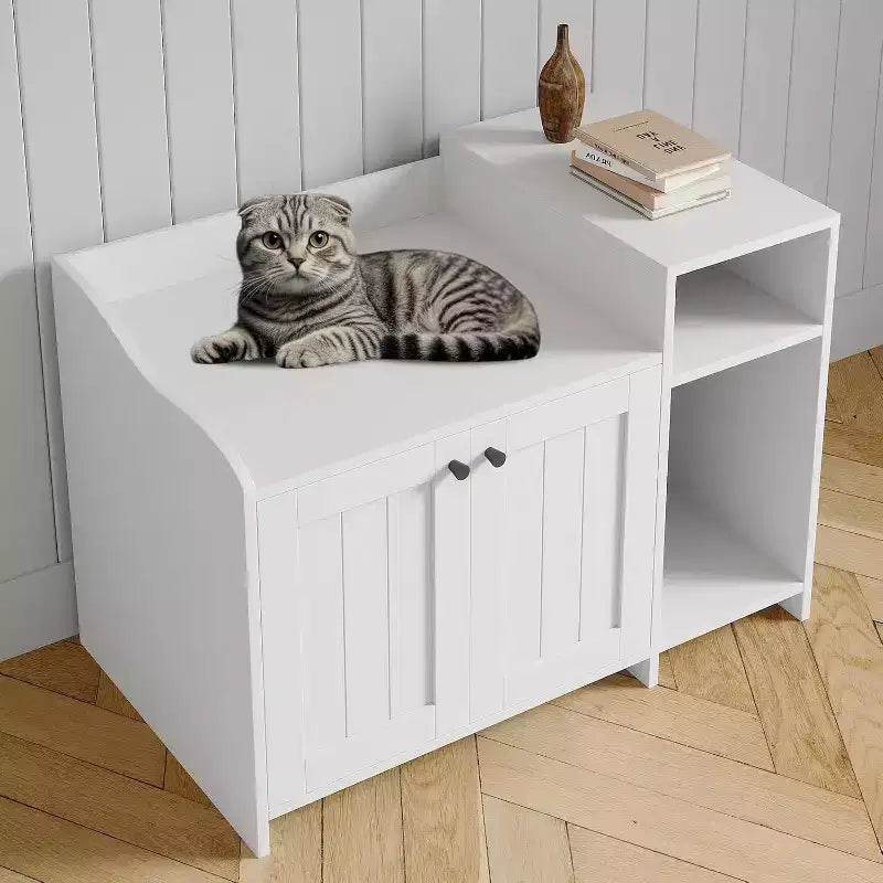 Hidden Litter Box Cabinet with Storage, Modern End Table Style, White Particleboard Cat Toilet House for Indoor Cats, Odor Control & Privacy Design
