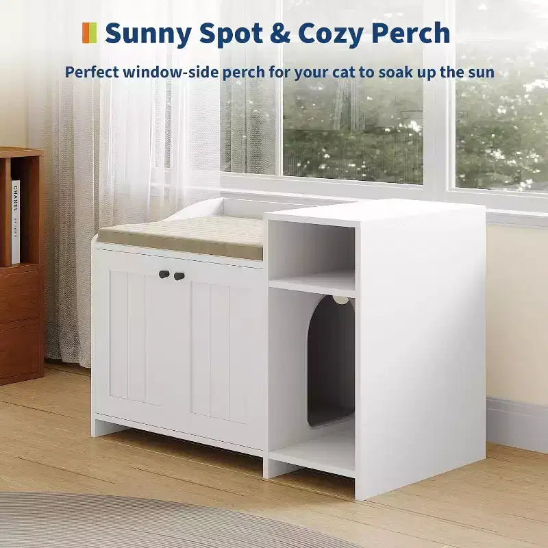 Hidden Litter Box Cabinet with Storage, Modern End Table Style, White Particleboard Cat Toilet House for Indoor Cats, Odor Control & Privacy Design