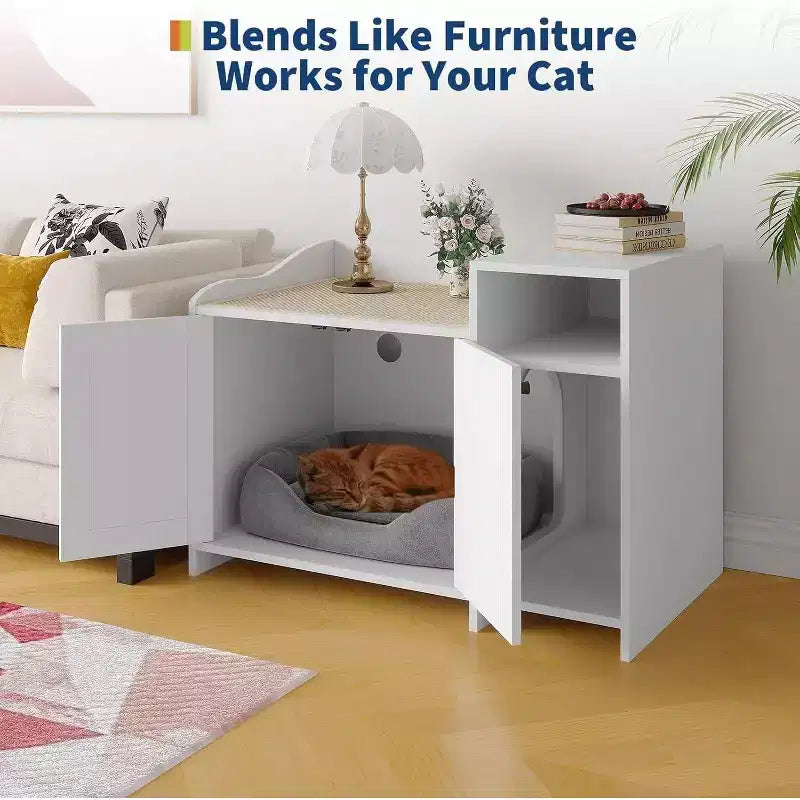 Hidden Litter Box Cabinet with Storage, Modern End Table Style, White Particleboard Cat Toilet House for Indoor Cats, Odor Control & Privacy Design