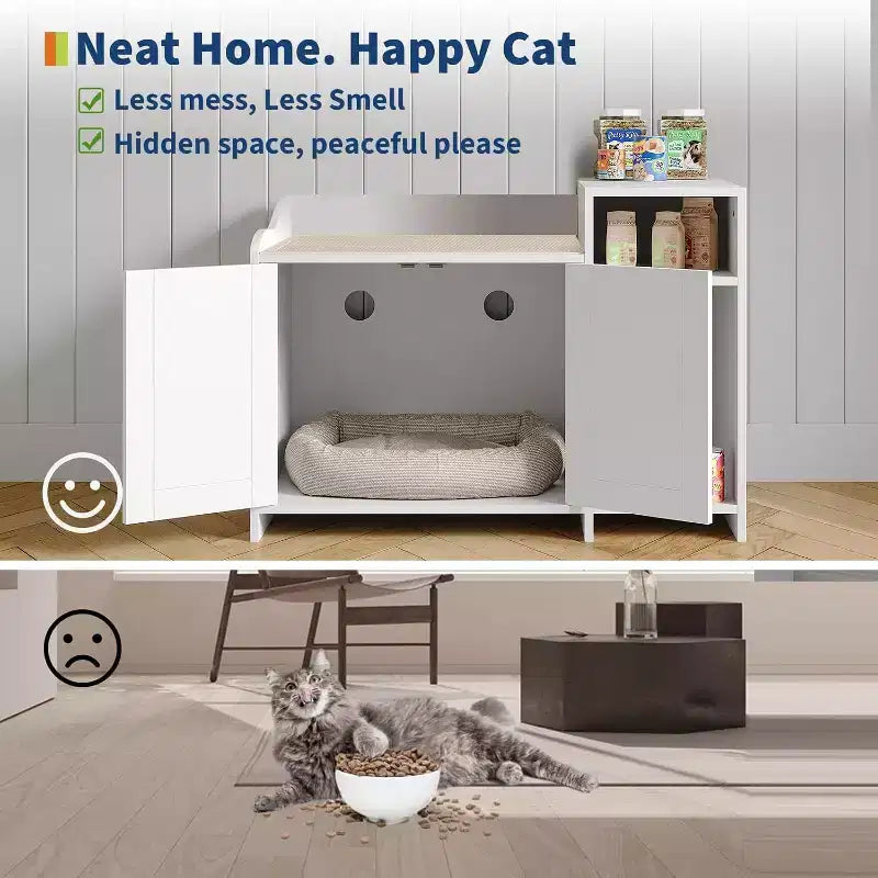 Hidden Litter Box Cabinet with Storage, Modern End Table Style, White Particleboard Cat Toilet House for Indoor Cats, Odor Control & Privacy Design