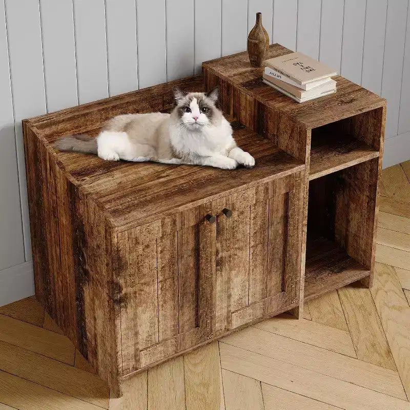 Hidden Litter Box Cabinet with Storage, Modern End Table Style, White Particleboard Cat Toilet House for Indoor Cats, Odor Control & Privacy Design
