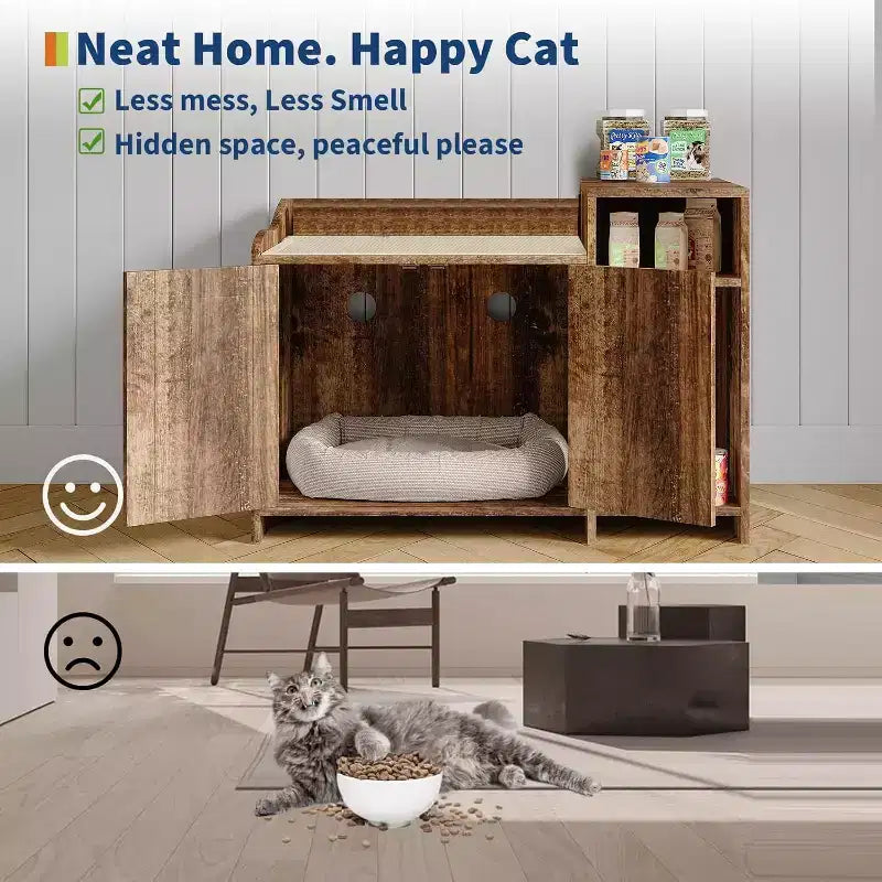 Hidden Litter Box Cabinet with Storage, Modern End Table Style, White Particleboard Cat Toilet House for Indoor Cats, Odor Control & Privacy Design