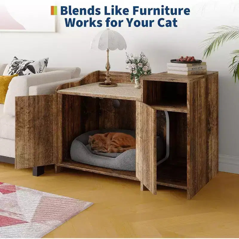 Hidden Litter Box Cabinet with Storage, Modern End Table Style, White Particleboard Cat Toilet House for Indoor Cats, Odor Control & Privacy Design