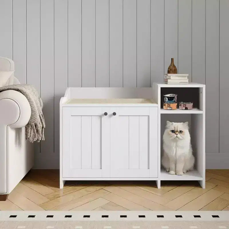 Hidden Litter Box Cabinet with Storage, Modern End Table Style, White Particleboard Cat Toilet House for Indoor Cats, Odor Control & Privacy Design