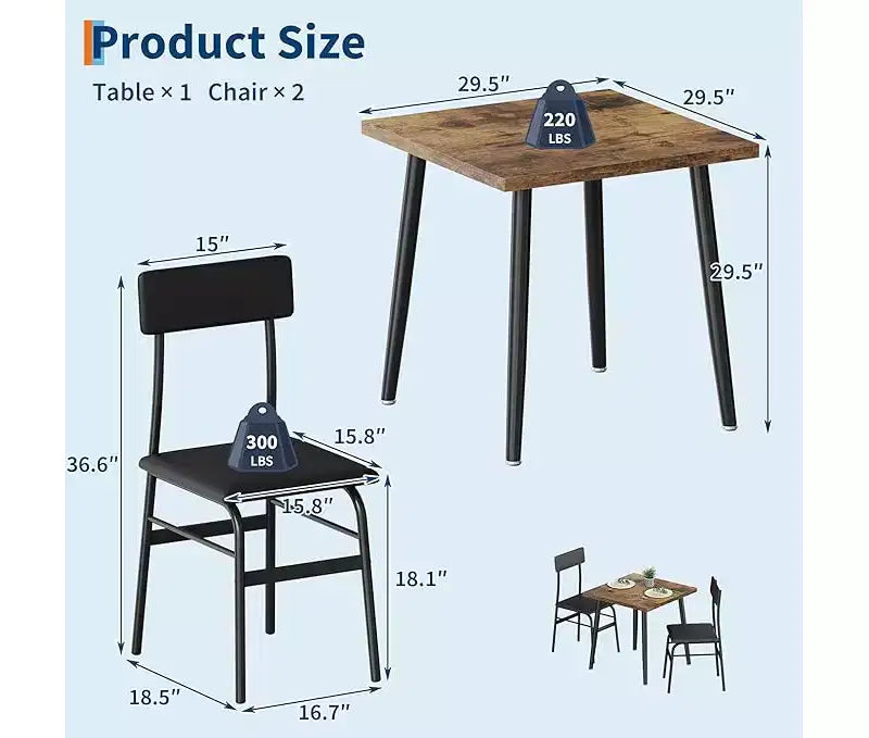 Compact 3-Piece Dining Set for 2 Space-Saving Wood & Metal Table with 2 Upholstered Chairs Ideal for Apartments & Breakfast Nooks
