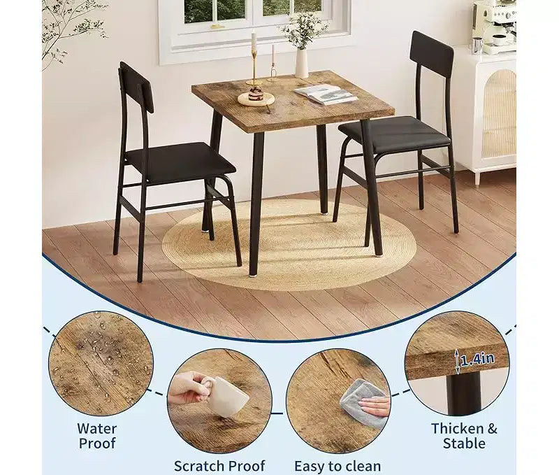 Compact 3-Piece Dining Set for 2 Space-Saving Wood & Metal Table with 2 Upholstered Chairs Ideal for Apartments & Breakfast Nooks