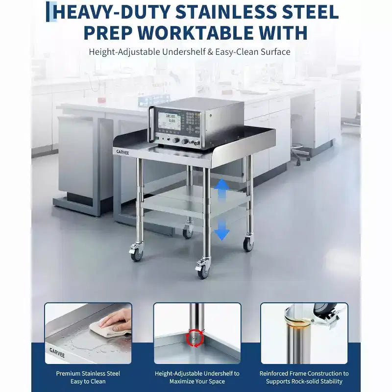 Stainless Steel Table for Prep & Work with Caster Wheels ,Metal Commercial Kitchen Heavy Duty Table with Adjustable Under Shelf for Restaurant