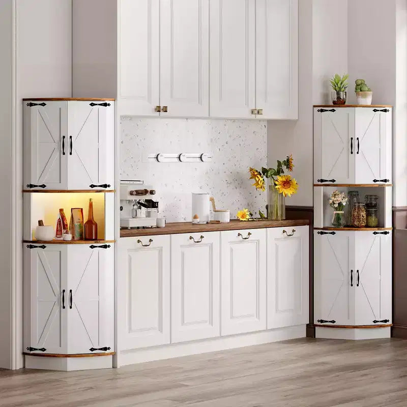 65 Farmhouse Corner Cabinet with LED Light, Freestanding Display Storage Cabinet with Barn Door, 5 Tier Shelves and USB Ports & Outlets