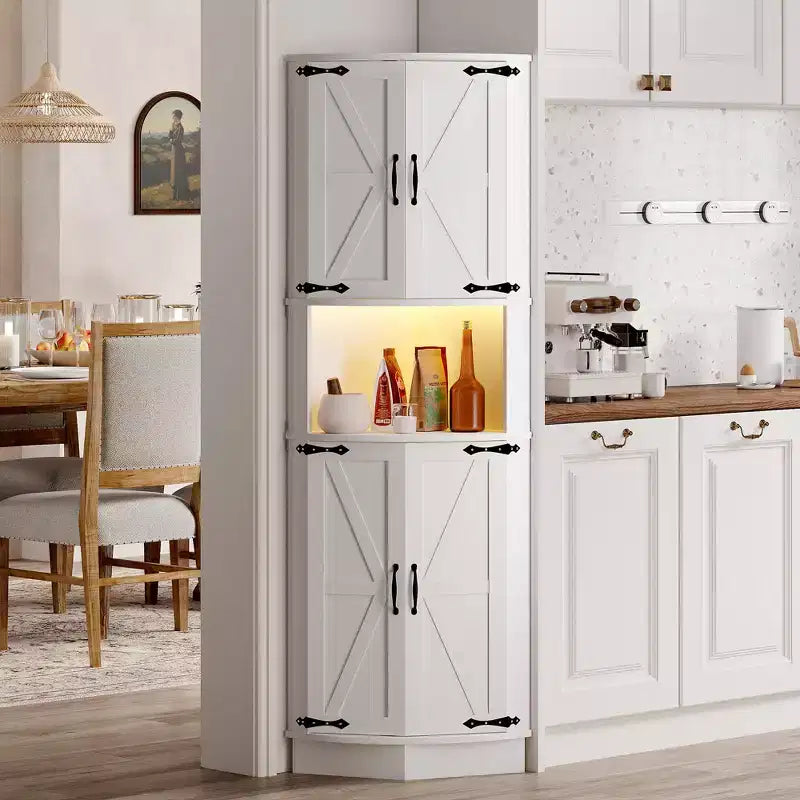 65 Farmhouse Corner Cabinet with LED Light, Freestanding Display Storage Cabinet with Barn Door, 5 Tier Shelves and USB Ports & Outlets