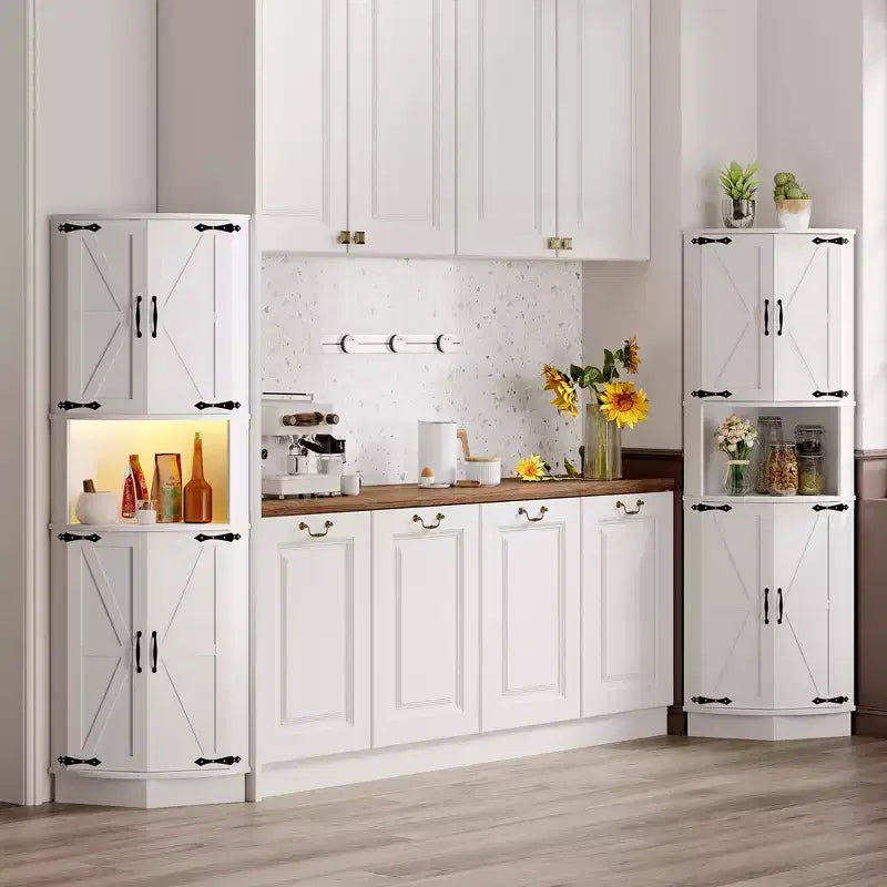 65 Farmhouse Corner Cabinet with LED Light, Freestanding Display Storage Cabinet with Barn Door, 5 Tier Shelves and USB Ports & Outlets