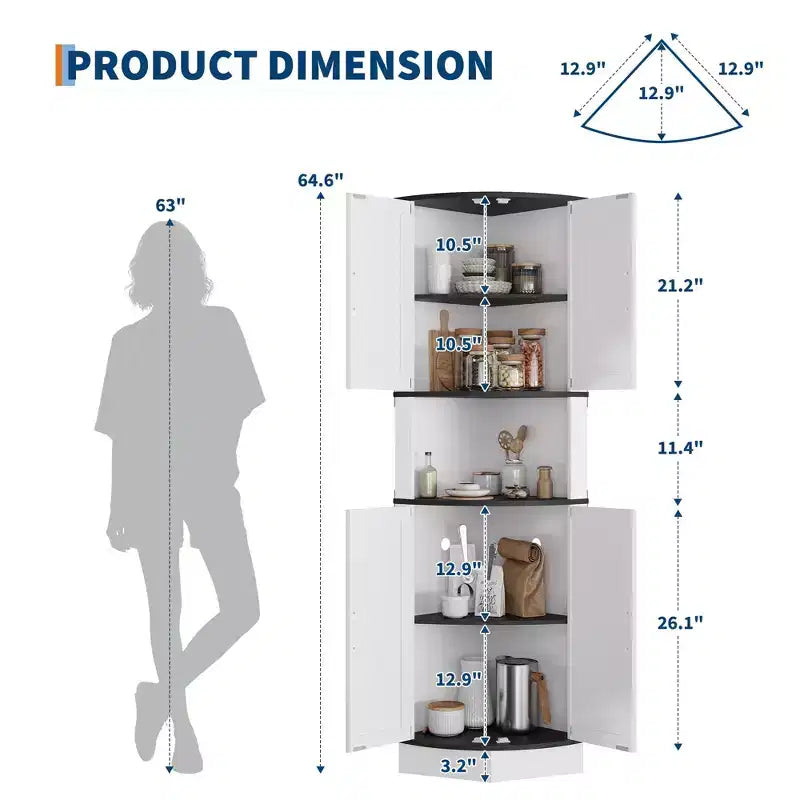 65 Farmhouse Corner Cabinet with LED Light, Freestanding Display Storage Cabinet with Barn Door, 5 Tier Shelves and USB Ports & Outlets