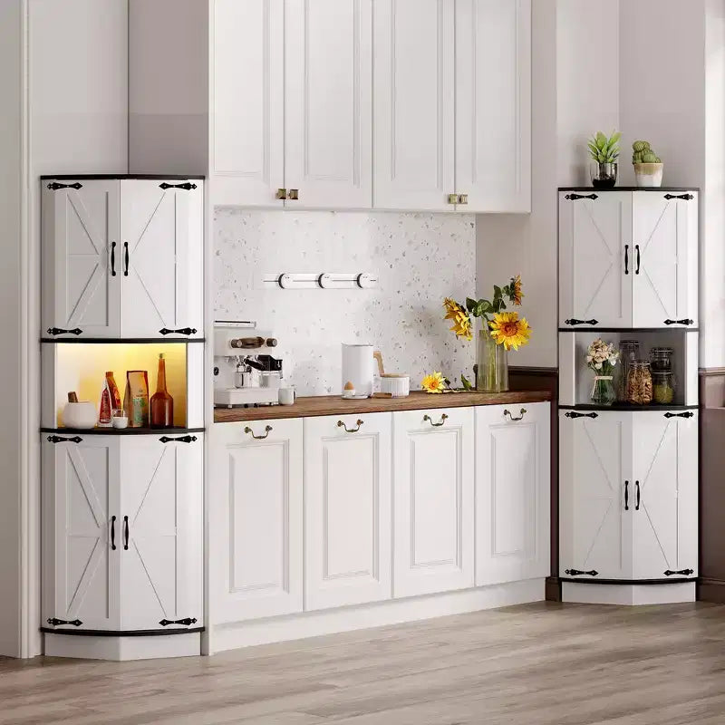 65 Farmhouse Corner Cabinet with LED Light, Freestanding Display Storage Cabinet with Barn Door, 5 Tier Shelves and USB Ports & Outlets
