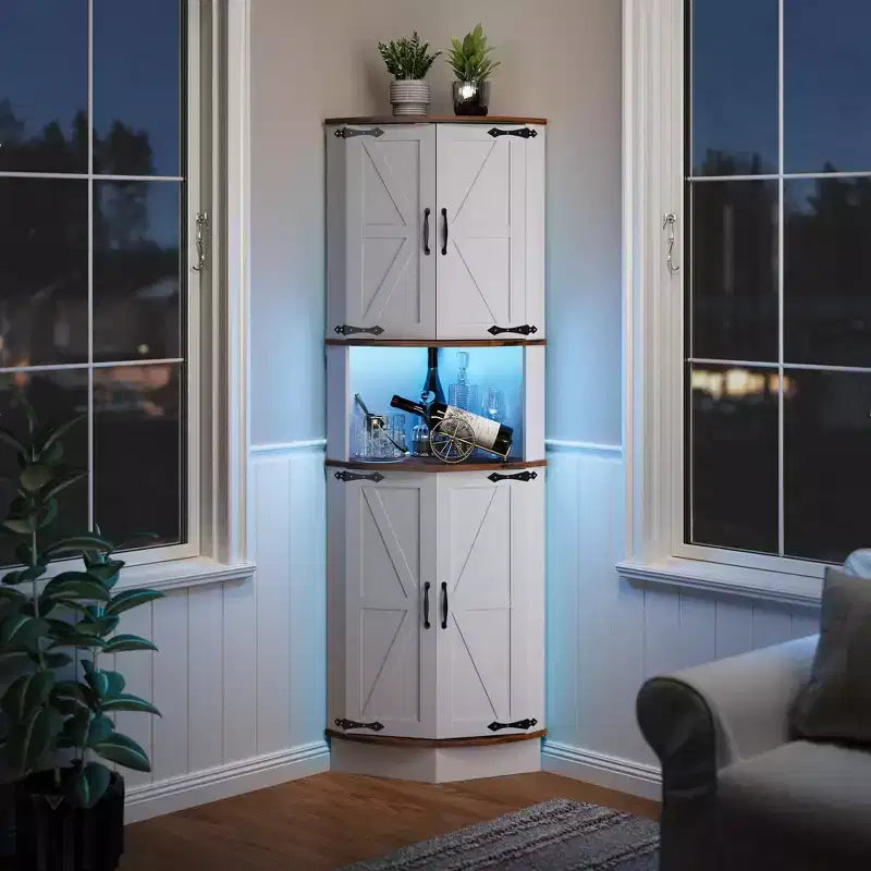 65 Farmhouse Corner Cabinet with LED Light, Freestanding Display Storage Cabinet with Barn Door, 5 Tier Shelves and USB Ports & Outlets