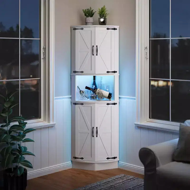 65 Farmhouse Corner Cabinet with LED Light, Freestanding Display Storage Cabinet with Barn Door, 5 Tier Shelves and USB Ports & Outlets
