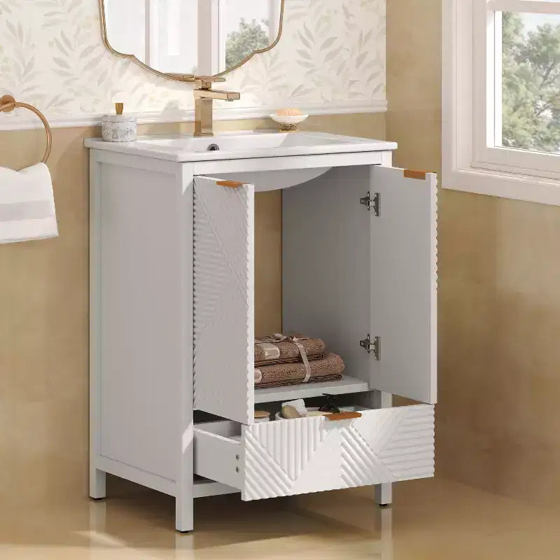 Bathroom Vanity 24-Inch, Modern Sink Combo, Single-Hole Faucet, Textured Doors, Drawer, Pine Legs, Large Storage, Soft-Close Hinges