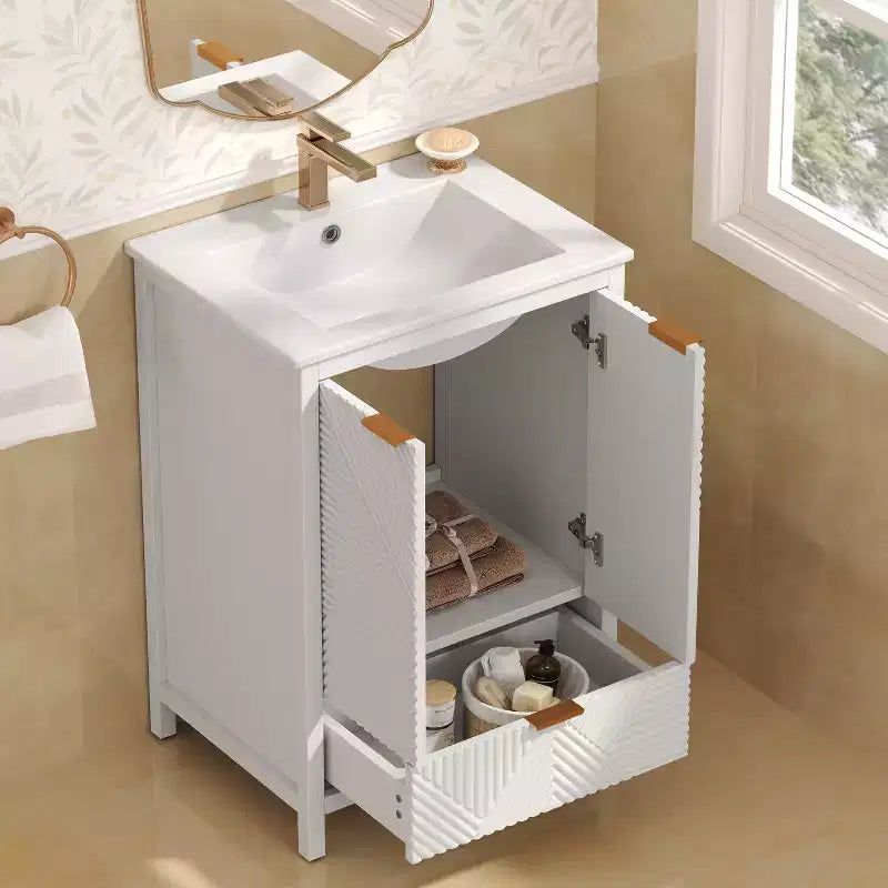 Bathroom Vanity 24-Inch, Modern Sink Combo, Single-Hole Faucet, Textured Doors, Drawer, Pine Legs, Large Storage, Soft-Close Hinges