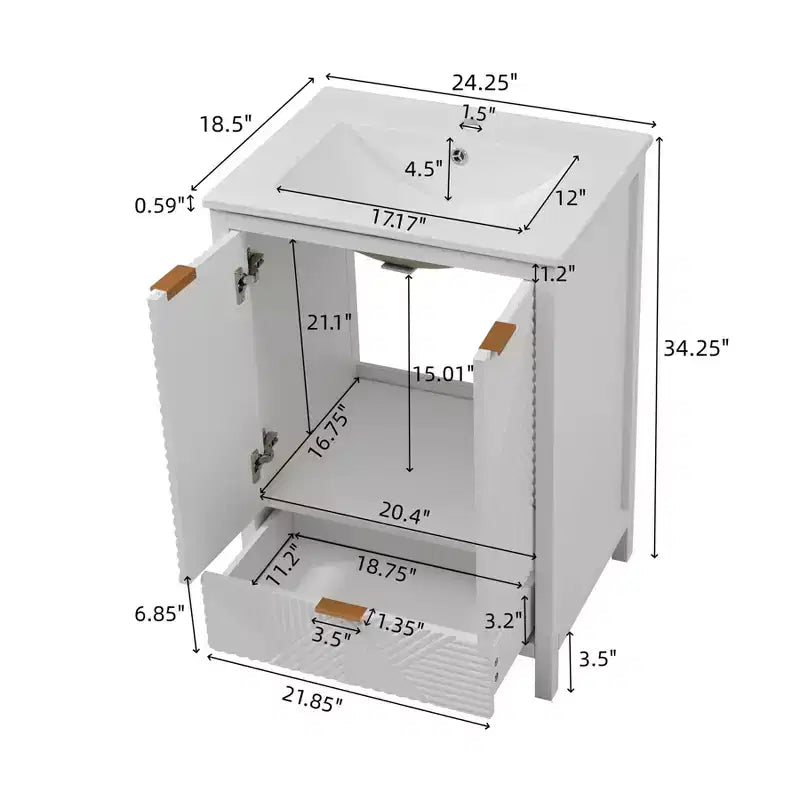 Bathroom Vanity 24-Inch, Modern Sink Combo, Single-Hole Faucet, Textured Doors, Drawer, Pine Legs, Large Storage, Soft-Close Hinges