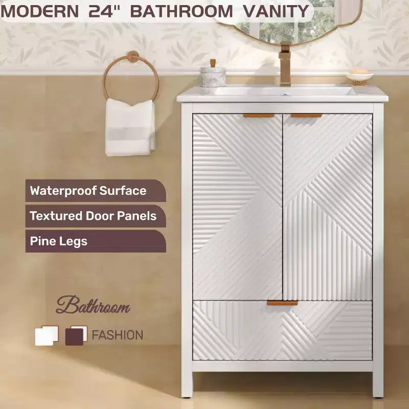 Bathroom Vanity 24-Inch, Modern Sink Combo, Single-Hole Faucet, Textured Doors, Drawer, Pine Legs, Large Storage, Soft-Close Hinges
