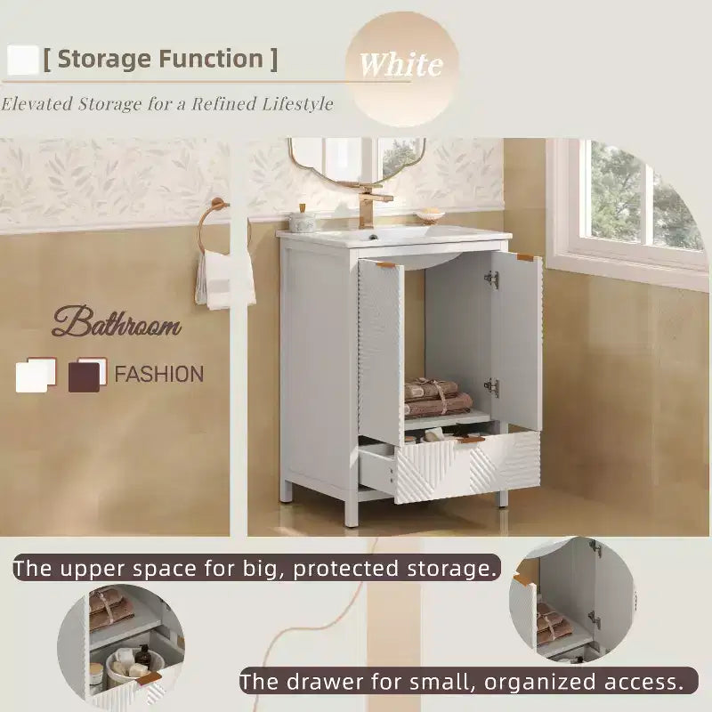 Bathroom Vanity 24-Inch, Modern Sink Combo, Single-Hole Faucet, Textured Doors, Drawer, Pine Legs, Large Storage, Soft-Close Hinges