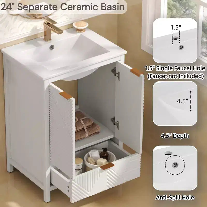 Bathroom Vanity 24-Inch, Modern Sink Combo, Single-Hole Faucet, Textured Doors, Drawer, Pine Legs, Large Storage, Soft-Close Hinges