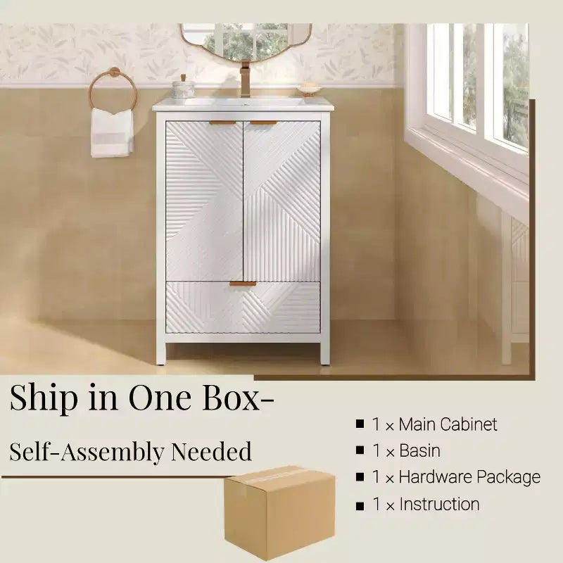 Bathroom Vanity 24-Inch, Modern Sink Combo, Single-Hole Faucet, Textured Doors, Drawer, Pine Legs, Large Storage, Soft-Close Hinges