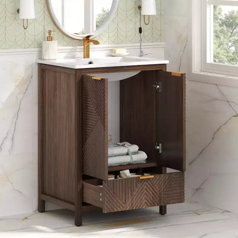 Bathroom Vanity 24-Inch, Modern Sink Combo, Single-Hole Faucet, Textured Doors, Drawer, Pine Legs, Large Storage, Soft-Close Hinges