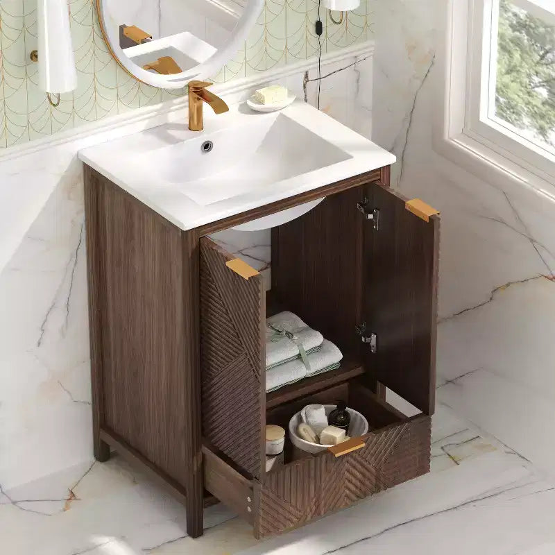 Bathroom Vanity 24-Inch, Modern Sink Combo, Single-Hole Faucet, Textured Doors, Drawer, Pine Legs, Large Storage, Soft-Close Hinges