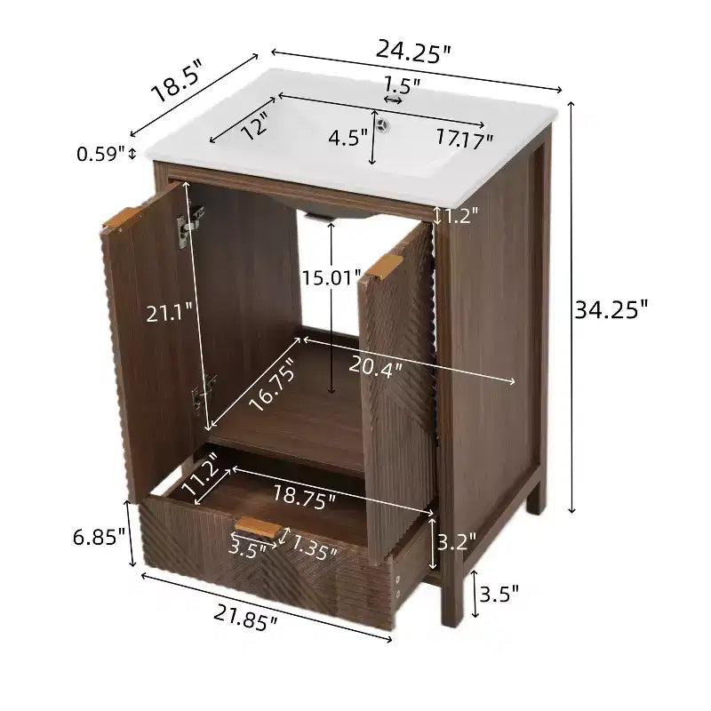 Bathroom Vanity 24-Inch, Modern Sink Combo, Single-Hole Faucet, Textured Doors, Drawer, Pine Legs, Large Storage, Soft-Close Hinges