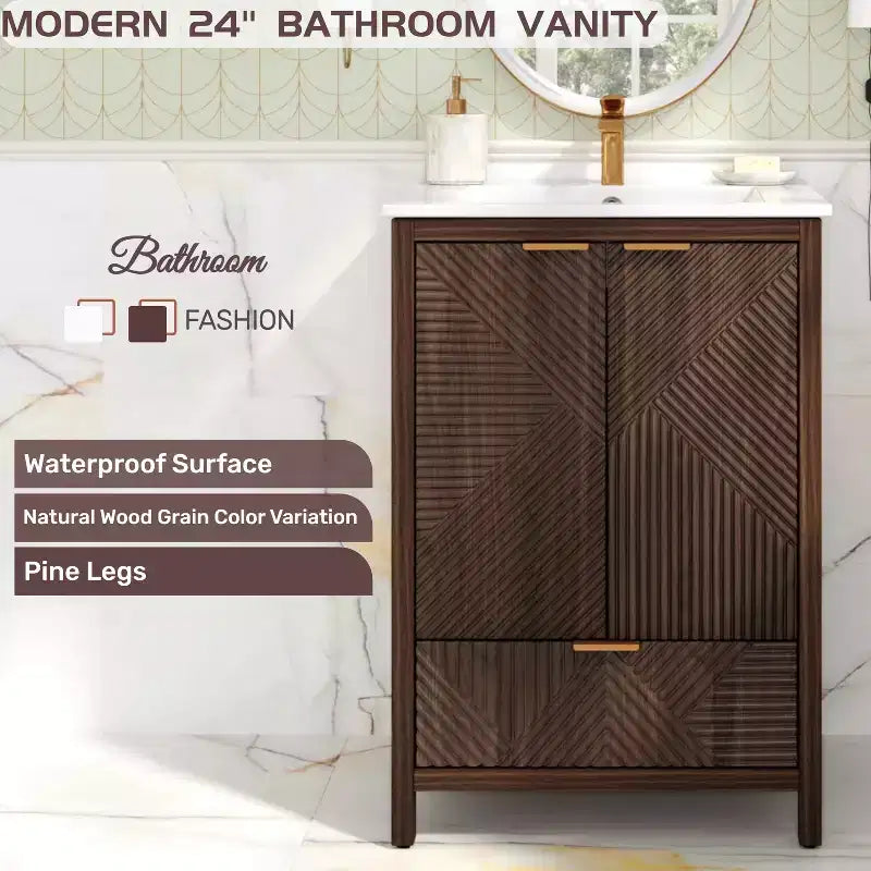 Bathroom Vanity 24-Inch, Modern Sink Combo, Single-Hole Faucet, Textured Doors, Drawer, Pine Legs, Large Storage, Soft-Close Hinges