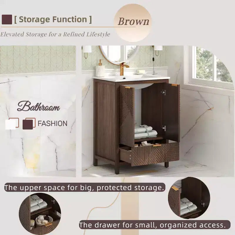 Bathroom Vanity 24-Inch, Modern Sink Combo, Single-Hole Faucet, Textured Doors, Drawer, Pine Legs, Large Storage, Soft-Close Hinges