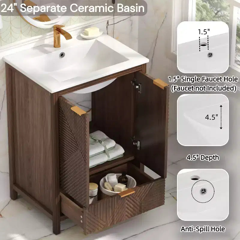 Bathroom Vanity 24-Inch, Modern Sink Combo, Single-Hole Faucet, Textured Doors, Drawer, Pine Legs, Large Storage, Soft-Close Hinges