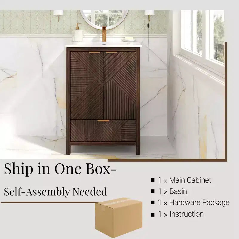 Bathroom Vanity 24-Inch, Modern Sink Combo, Single-Hole Faucet, Textured Doors, Drawer, Pine Legs, Large Storage, Soft-Close Hinges