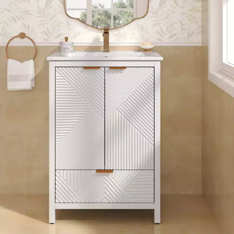 Bathroom Vanity 24-Inch, Modern Sink Combo, Single-Hole Faucet, Textured Doors, Drawer, Pine Legs, Large Storage, Soft-Close Hinges