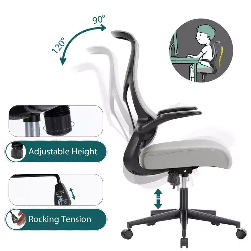 Ergonomic Computer Chair with Flip-up Armrests, Desk Chair with Lumbar Support, Rolling Swivel Chair Computer Chair for Home, Office