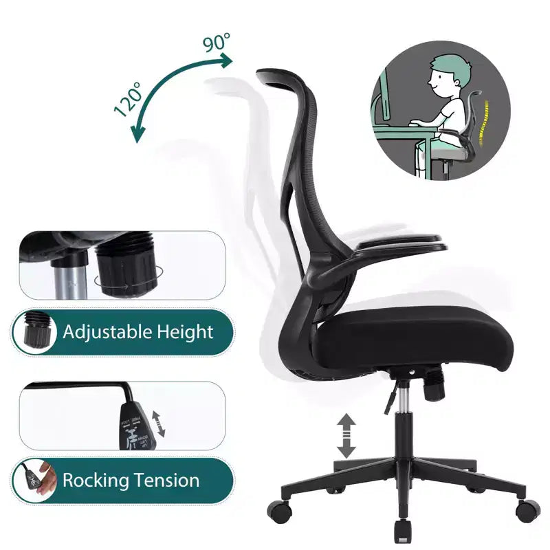 Ergonomic Computer Chair with Flip-up Armrests, Desk Chair with Lumbar Support, Rolling Swivel Chair Computer Chair for Home, Office