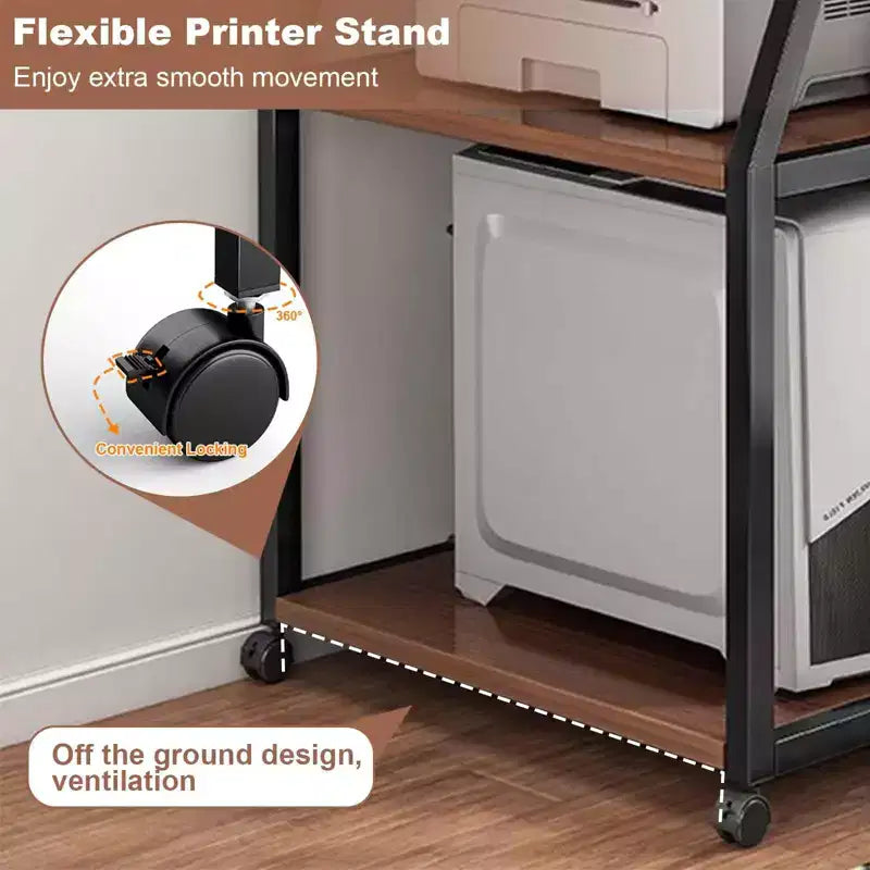 3 Tier Printer Stand on Wheels, Mobile Printer Table with Storage Shelves, Rolling Printer Cart for Home Office