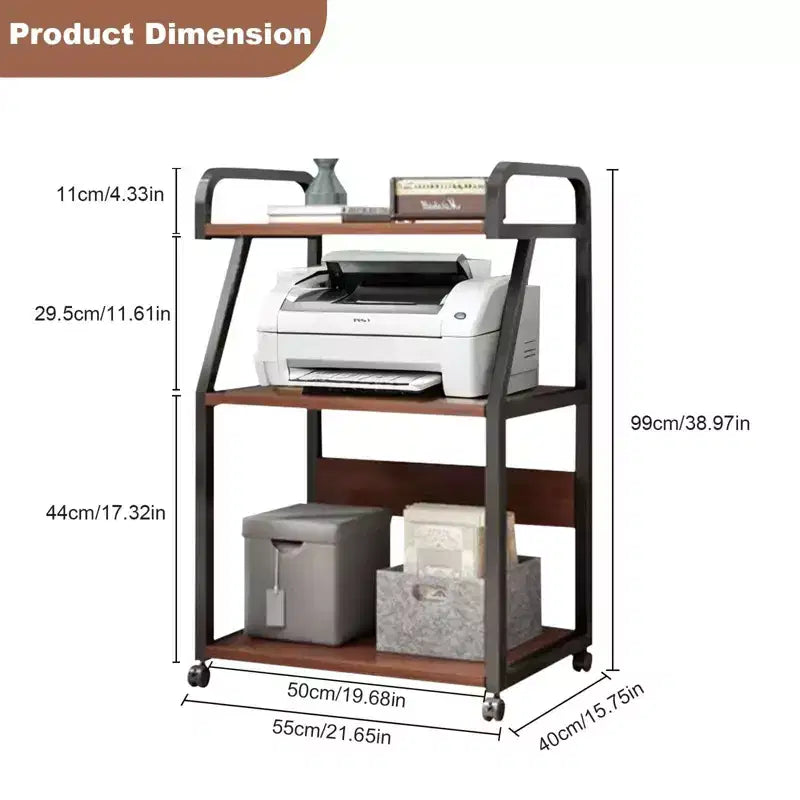 3 Tier Printer Stand on Wheels, Mobile Printer Table with Storage Shelves, Rolling Printer Cart for Home Office