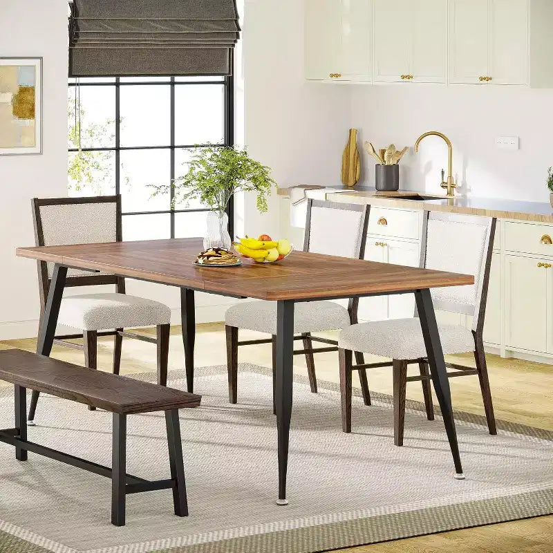  70.9 Inch Large Rectangular Dining Table Kitchen Furniture, Brown+Black